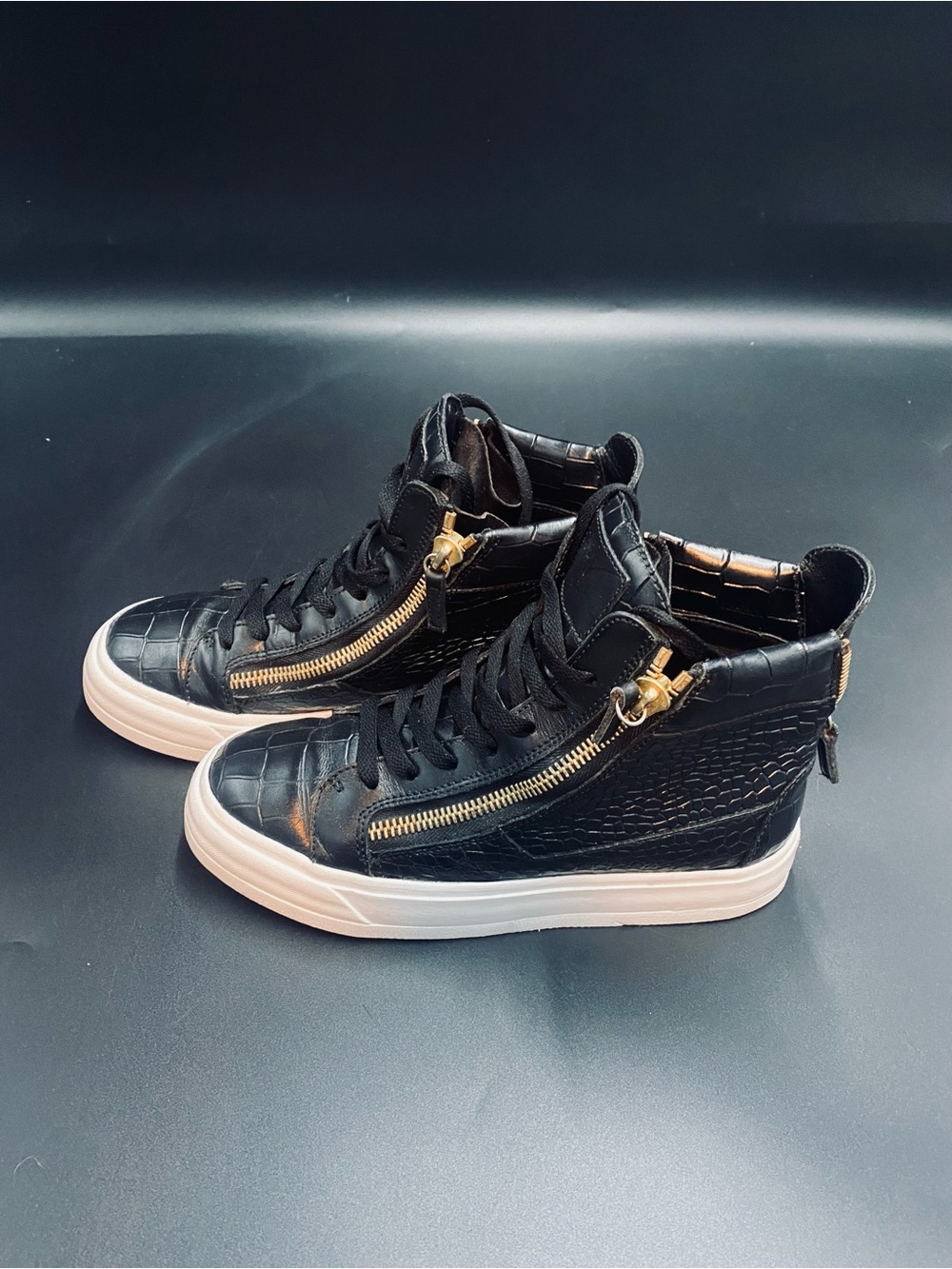 Giuseppe Zanotti Black Croc-Embossed High-Top Sneakers with Gold Zipper